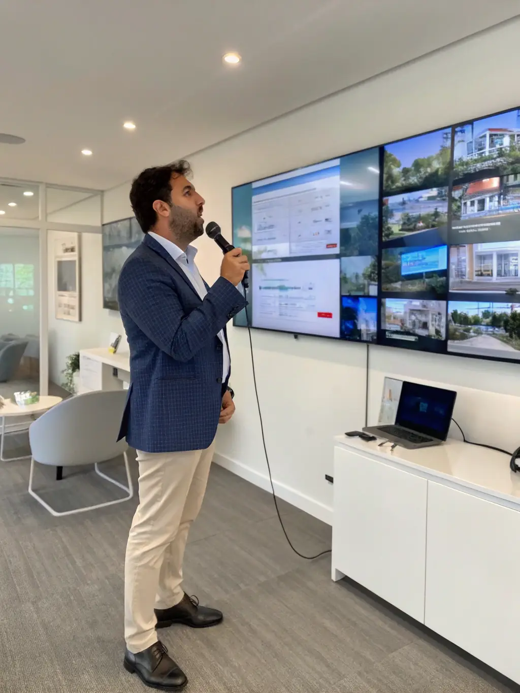 A professional real estate agent efficiently managing calls on a modern, integrated phone system in a busy Paris office.