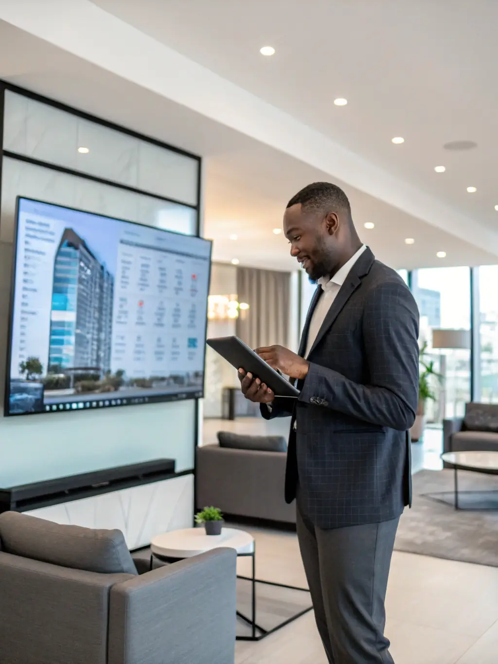 A professional real estate agent efficiently managing calls on a modern phone system, showcasing seamless communication.